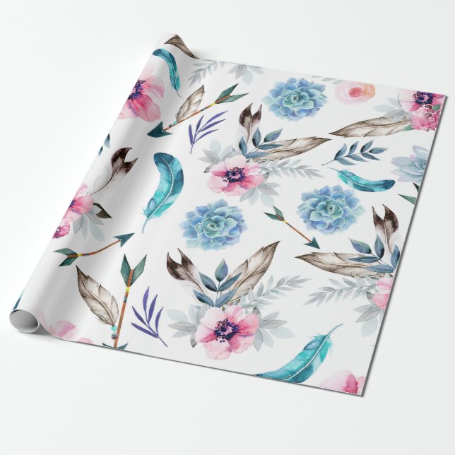 Bohemian Chic Floral Boho Girl Birthday Party Wrapping Paper (Unrolled)