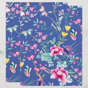 Bohemian Chic Floral Pattern Blue Scrapbook Paper