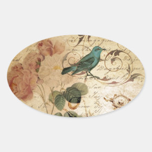 Bohemian chic Paris Scripts bird french botanical Oval Sticker