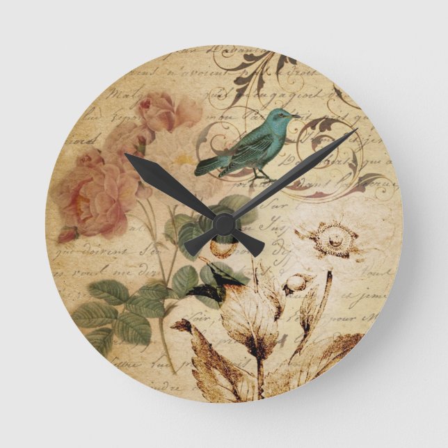 Bohemian chic  Paris Scripts bird french botanical Round Clock (Front)