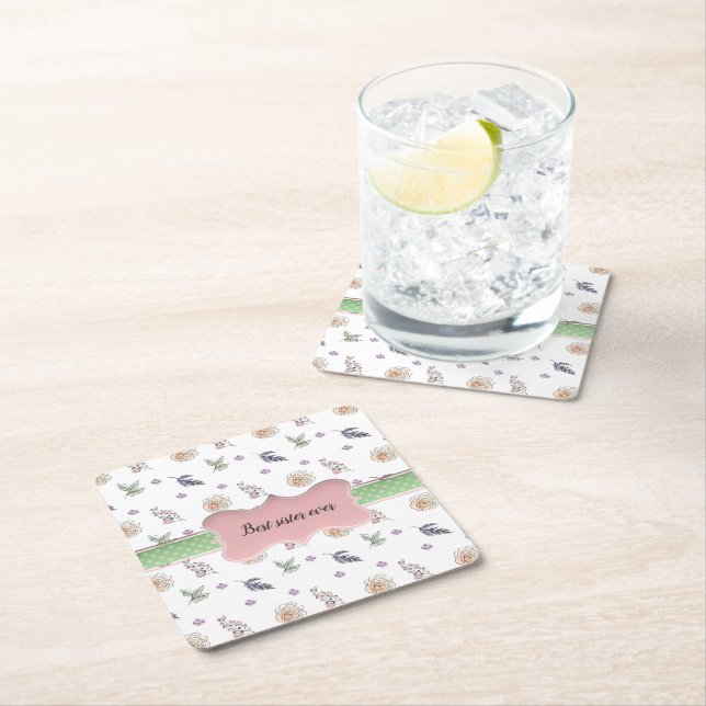Bohemian Chic Pink Floral Boho Sister Gif Square Paper Coaster (Insitu)