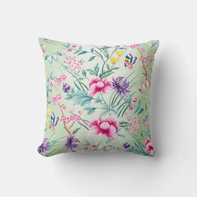 Bohemian Chinoiserie Tropical Mint Green Flowers Throw Pillow (Front)