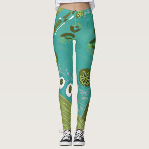 Bohemian Chintz Illustration Aqua Green Grey Leggings
