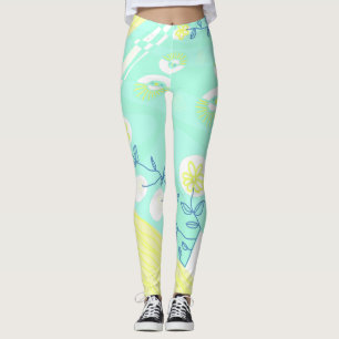Bohemian Chintz Illustration Aqua Lemon Teal Leggings