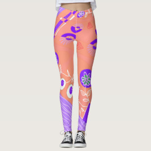 Bohemian Chintz Illustration Coral Purple White Leggings