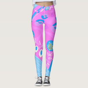 Bohemian Chintz Illustration Fuchsia Blue White Leggings