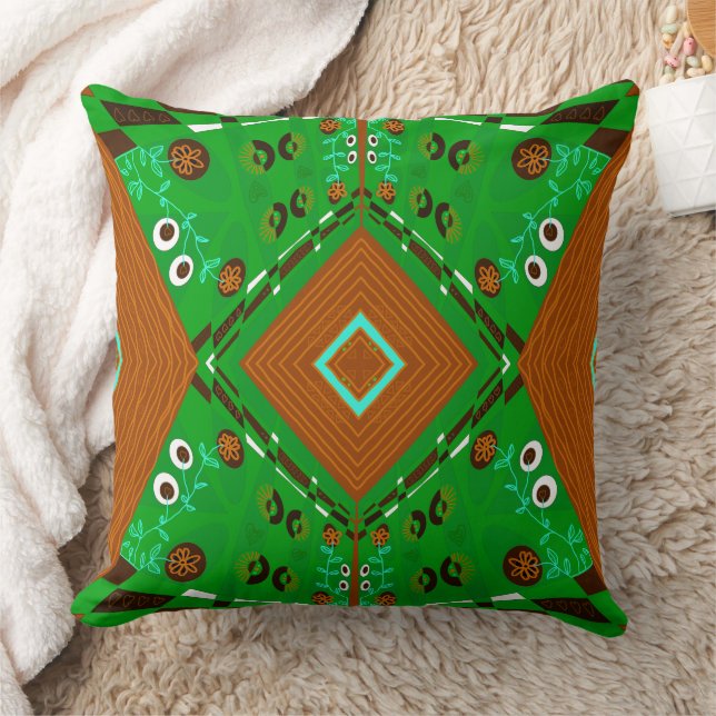 Bohemian Chintz Illustration Green Brown Turquoise Throw Pillow (Blanket)