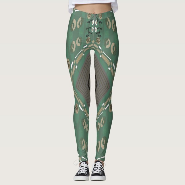 Bohemian Chintz Illustration Green Mushroom White Leggings (Front)