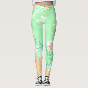 Bohemian Chintz Illustration Green Orange Teal Leggings