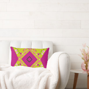 Bohemian Chintz Illustration Mustard Fuchsia Kale Lumbar Pillow