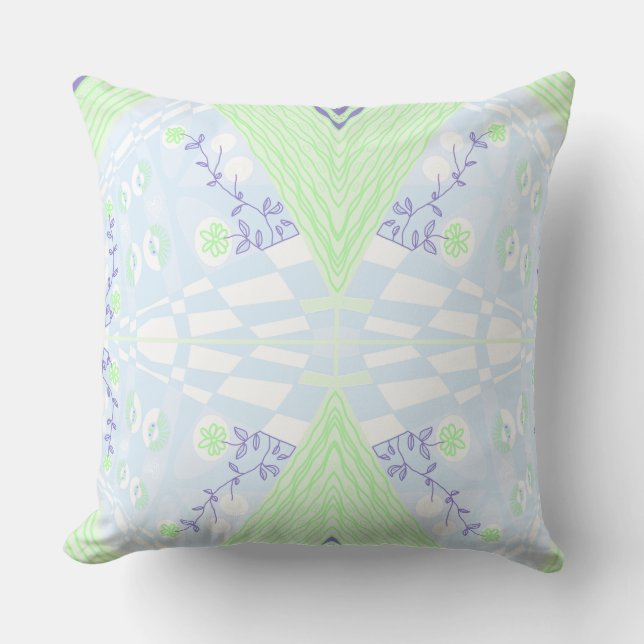 Bohemian Chintz Illustration Pastel Blue Green Throw Pillow (Front)
