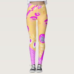 Bohemian Chintz Illustration Peach Fuchsia White Leggings