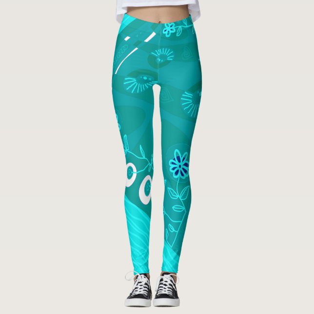 Bohemian Chintz Illustration Teal 1 Leggings (Front)