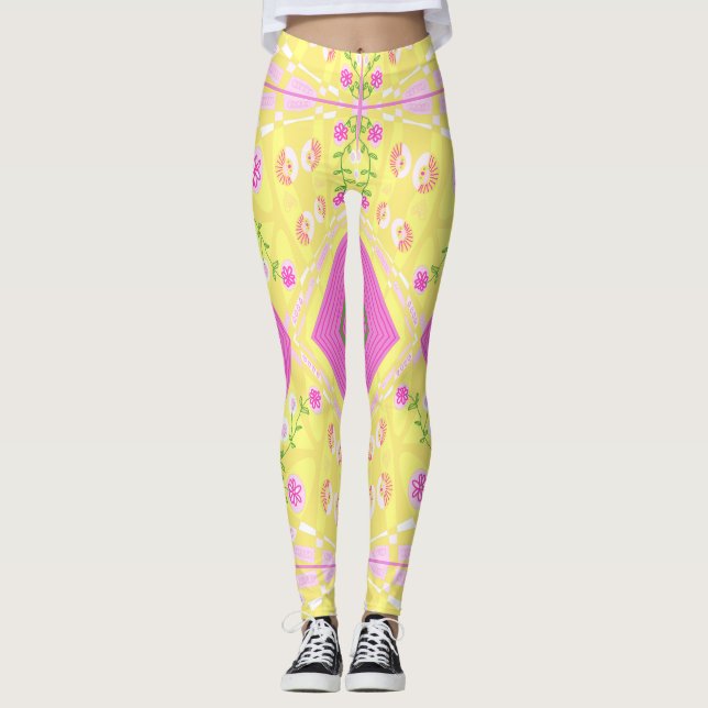 Bohemian Chintz Illustration Yellow Pink Green  Leggings (Front)