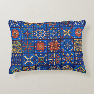 Bohemian Cobalt Blue Folk Art Geometric Motifs Accent Pillow