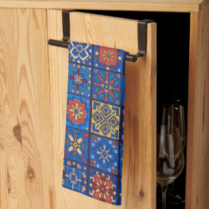 Bohemian Cobalt Blue Folk Art Geometric Motifs Kitchen Towel