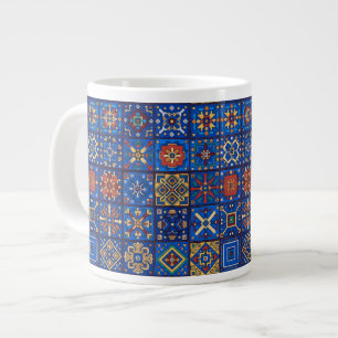 Bohemian Cobalt Blue Folk Art Geometric Motifs Large Coffee Mug