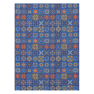 Bohemian Cobalt Blue Folk Art Geometric Motifs Tablecloth