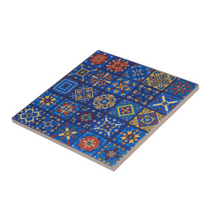 Bohemian Cobalt Blue Folk Art Geometric Motifs Tile