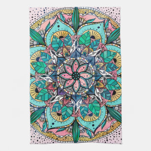 Bohemian Colorful Watercolor Floral Mandala Kitchen Towel
