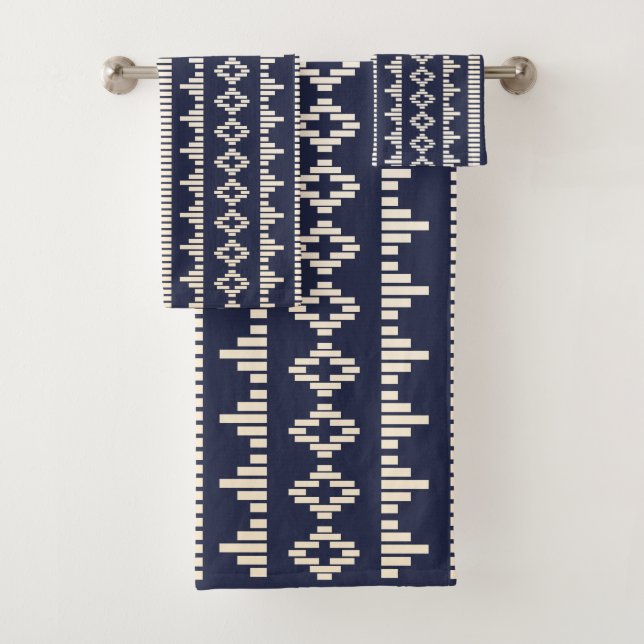 Bohemian Cream Geometric & Navy Bath Towel Set (Insitu)