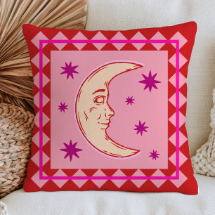 Bohemian Crescent Moon Red& Lilac Celestial Throw Pillow