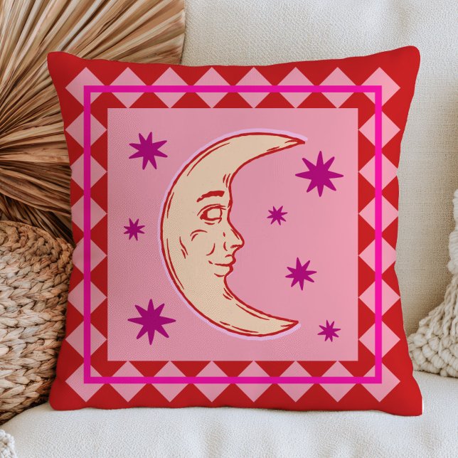 Bohemian Crescent Moon Red& Lilac Celestial Throw Pillow (Creator Uploaded)