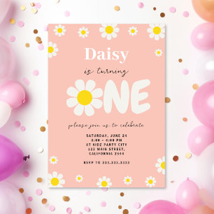 Bohemian Cute Pink Daisy Flowers 1st Birthday Invitation