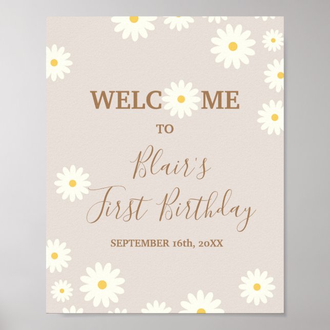 Bohemian Daisy Floral Birthday Affiche de bienvenu (Devant)