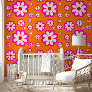 Bohemian Daisy Pattern Pink& Orange Retro Floral  Wallpaper