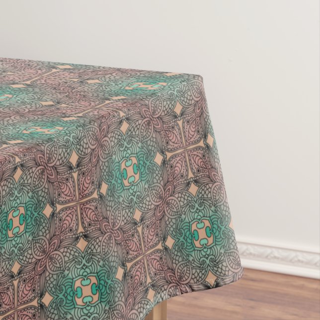 Bohemian Damask in Pink Salmon Sea Green Tablecloth (In Situ)