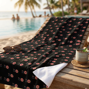 Bohemian Dark Floral Pattern Pink & Orange Blossom Beach Towel