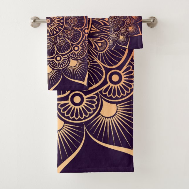 Bohemian Dark Purple Peach Mandala Bath Towel Set (Insitu)