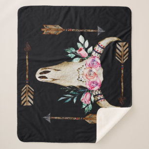 Bohemian Deer Skull Watercolor Art Sherpa Blanket