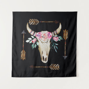 Bohemian Deer Skull Watercolor Art Tapestry