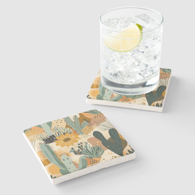 Bohemian Desert Cactus and Floral Pattern Stone Coaster (Side)