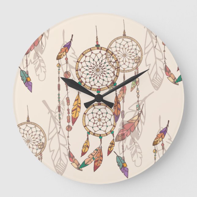 Bohemian Dream Catcher Seamless Hand-Drawn Large Clock (Front)