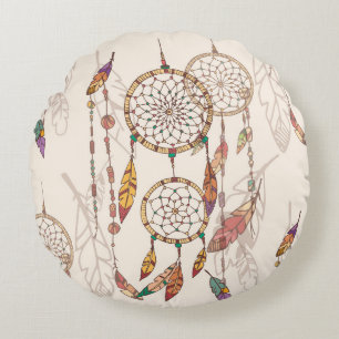 Bohemian dream catcher with beads and feathers, se round pillow