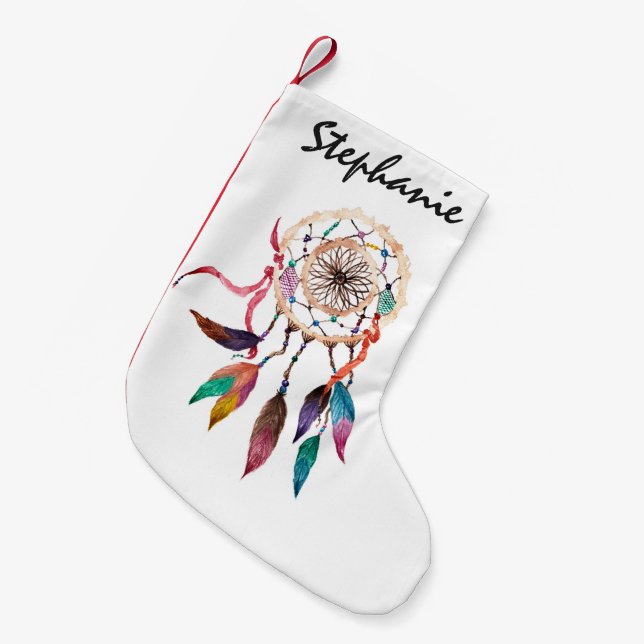 Bohemian Dreamcatcher in Vibrant Watercolor Paint Small Christmas Stocking (Front (Hanging))