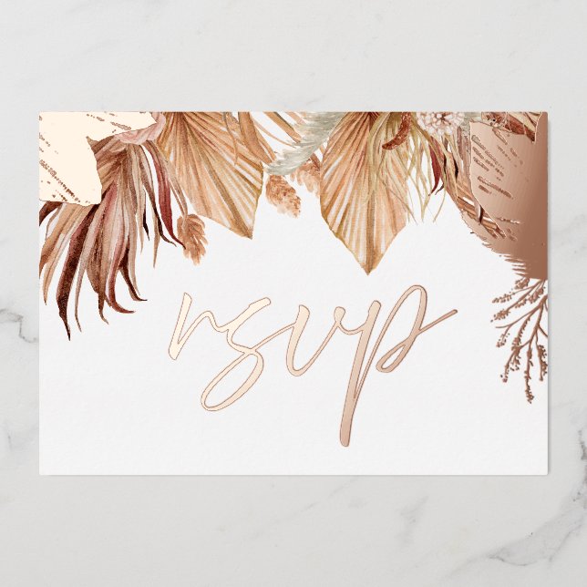 Bohemian Dried Floral Wedding Rose Gold Foil RSVP (Front)