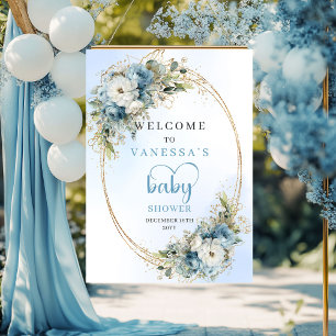 Bohemian Dusty Blue Floral Eucalyptus Baby Shower  Poster