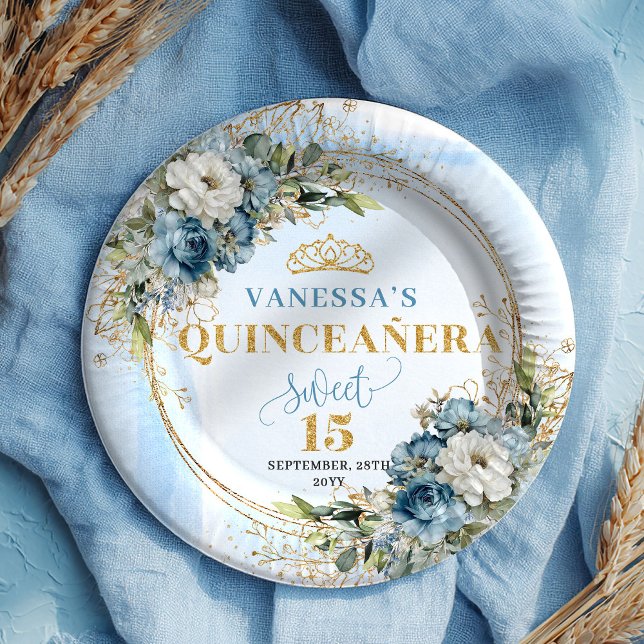 Bohemian Dusty Blue Floral Gold Quince Plates (Bohemian Dusty Blue Floral Gold Quince Plates)