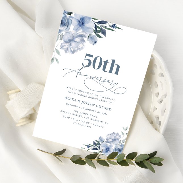bohemian dusty blue floral wedding anniversary invitation (Creator Uploaded)
