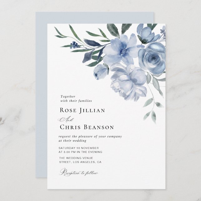 bohemian dusty blue floral wedding invitation (Front/Back)