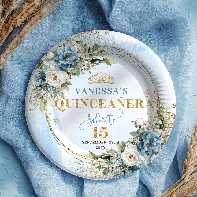 Bohemian Dusty Blue Flowers Gold Glitter Custom  Paper Plate (Bohemian Dusty Blue Flowers Gold Glitter Custom Plates)