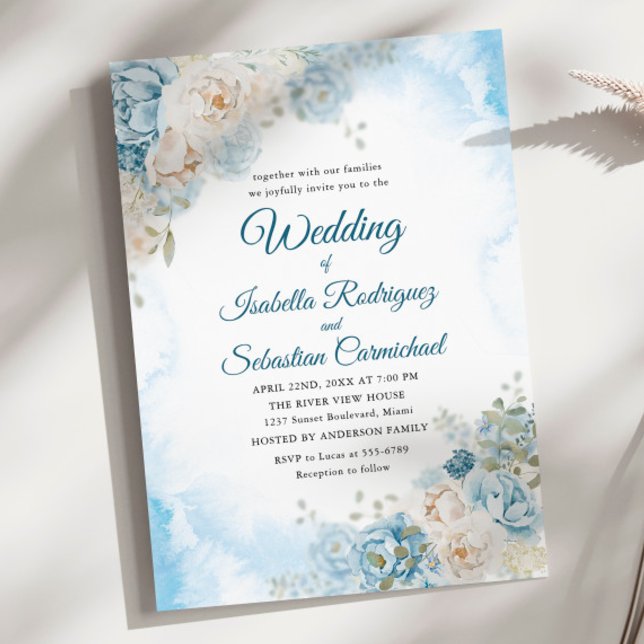 Bohemian Dusty Blue Ivory Rose Flowers Wedding Invitation (Creator Uploaded)
