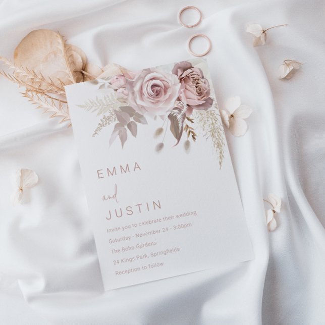 Bohemian Dusty Rose Blush Floral Wedding Invitation (Creator Uploaded)