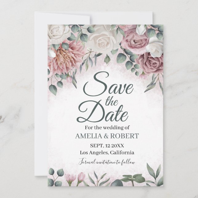 Bohemian Dusty Rose Floral Save The Date (Front)