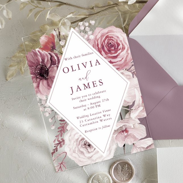 Bohemian Dusty Rose & Mauve Floral Wedding Acrylic Invitations (Creator Uploaded)