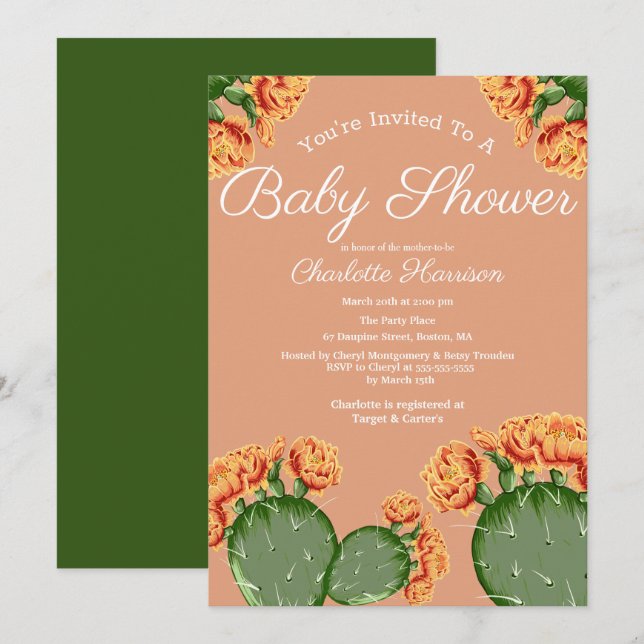 Bohemian Elegant Cactus Flowers Baby Shower Invitation (Front/Back)